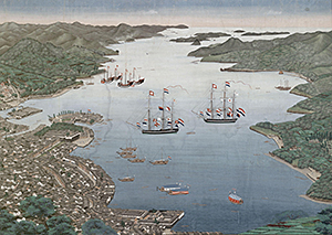 The bay of Nagasaki with the island of Deshima. Dutch painting from 1825.